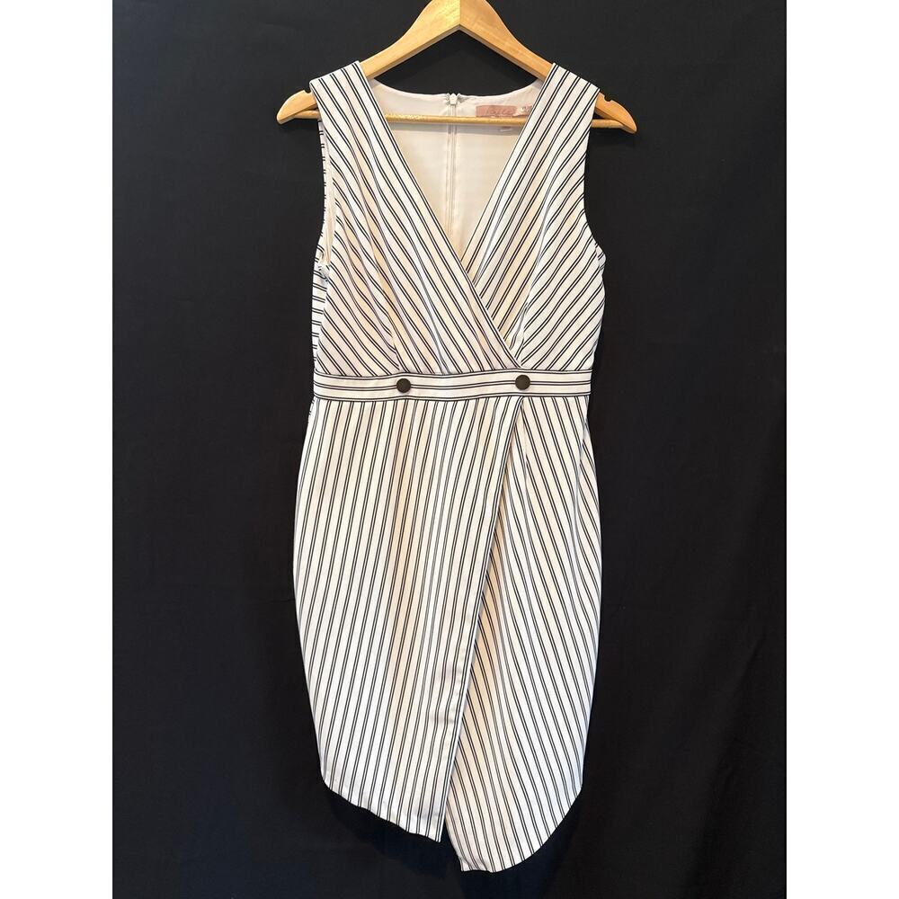Women’s Hutch Mini Sheath Asymmetrical V-Neck Stripe Dress Black White Sz L